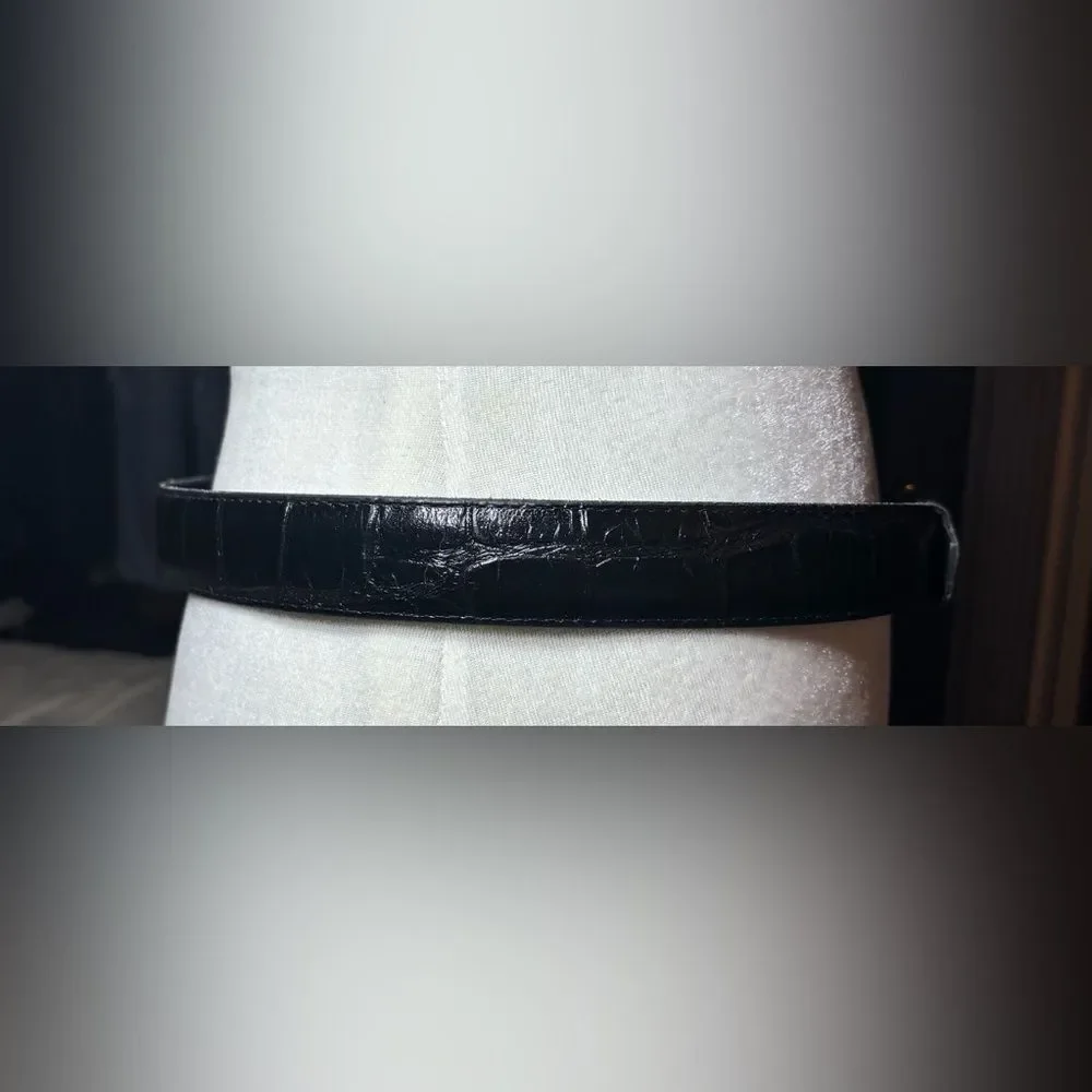 Women's 34 Black Genuine Leather Croc Embossed Gold Tone Buckle Belt Size 38” EP